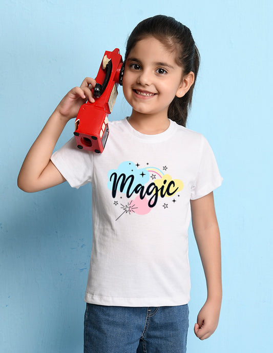Nusyl Girls White Magic Printed Half Sleeves T-Shirt