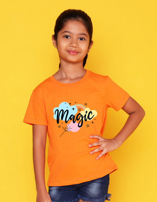 Nusyl Girls Orange Magic Printed Half Sleeves T-Shirt