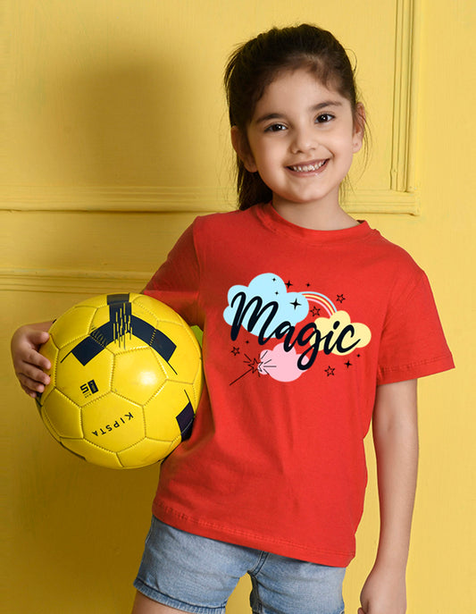 NUSYL Girls Red Magic Text Printed Half sleeve t-Shirt