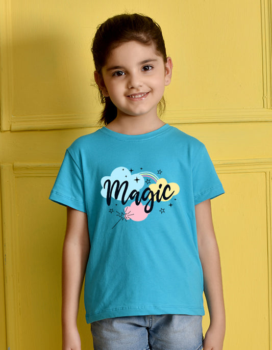 Nusyl Girls Sky Blue Magic Printed Half Sleeves T-Shirt