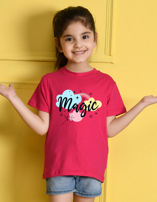Nusyl Girls Hot Pink Magic Printed Half Sleeves T-Shirt