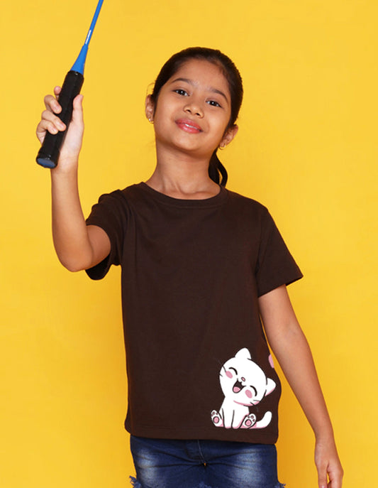 Nusyl Girls Brown Cat Printed Half Sleeves T-Shirt
