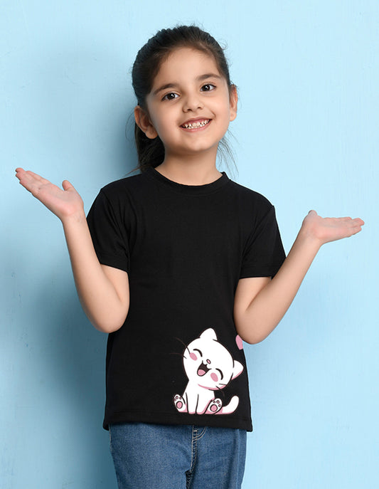 Nusyl Girls Black Cat Printed Half Sleeves T-Shirt
