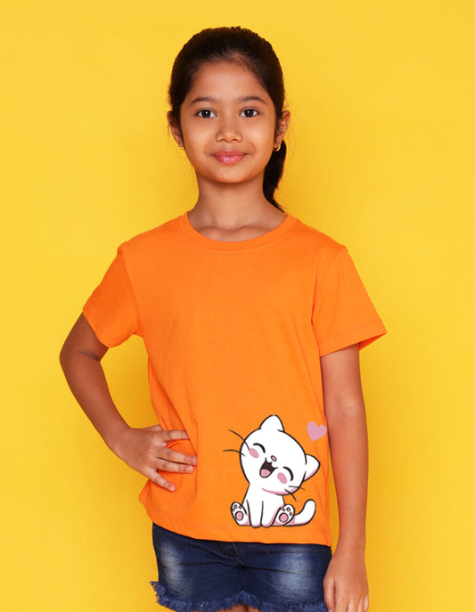 Nusyl Girls Orange Cat Printed Half Sleeves T-Shirt