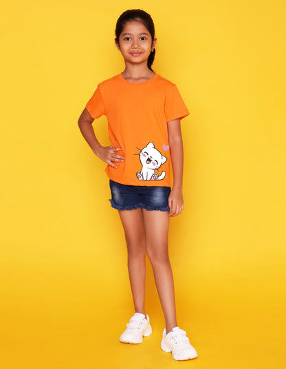Nusyl Girls Orange Cat Printed Half Sleeves T-Shirt