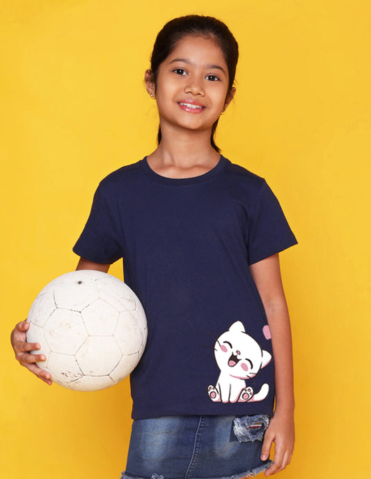 Nusyl Girls Navy Blue Cat Printed Half Sleeves T-Shirt