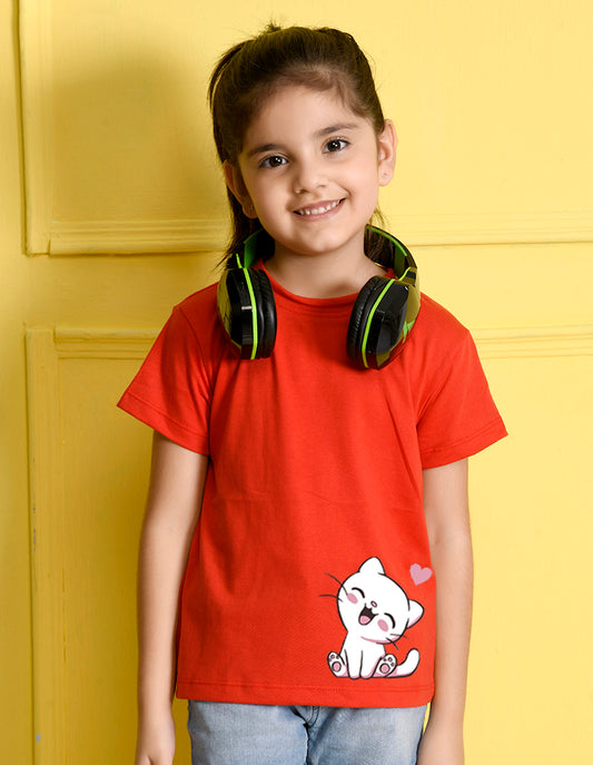 NUSYL Girls Red Cute Cat Printed Half sleeve t-Shirt