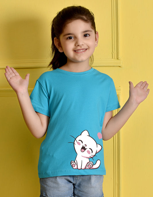 Nusyl Girls Sky Blue Cat Printed Half Sleeves T-Shirt