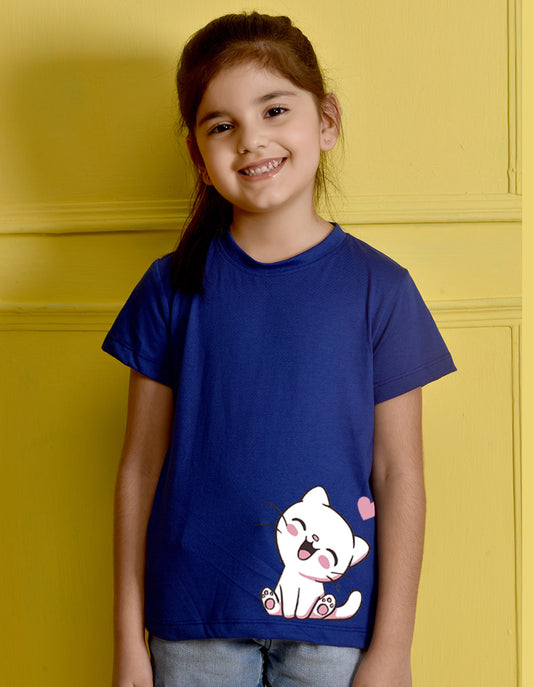 NUSYL Girls Royal Blue Cute Cat Printed Half sleeve t-Shirt