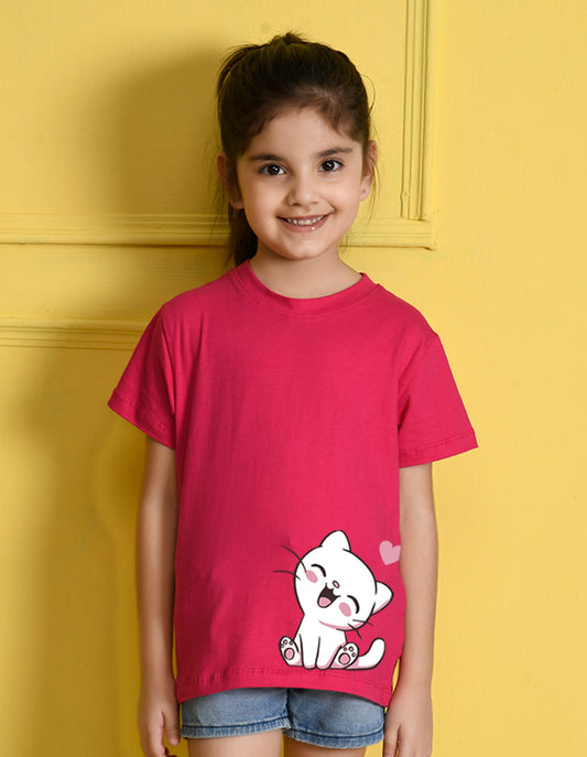 Nusyl Girls Hot Pink Cat Printed Half Sleeves T-Shirt