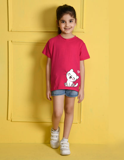 Nusyl Girls Hot Pink Cat Printed Half Sleeves T-Shirt