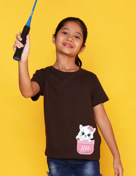 Nusyl Girls Brown Cat & Text Printed Half Sleeves T-Shirt