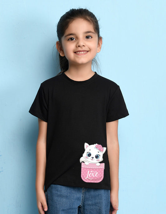 Nusyl Girls Black Cat & Text Printed Half Sleeves T-Shirt