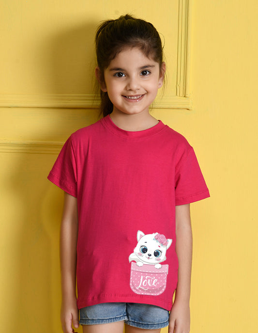 Nusyl Girls Hot Pink Cat & Text Printed Half Sleeves T-Shirt