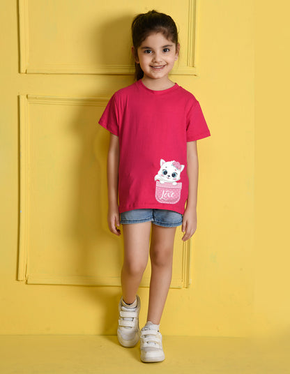 Nusyl Girls Hot Pink Cat & Text Printed Half Sleeves T-Shirt