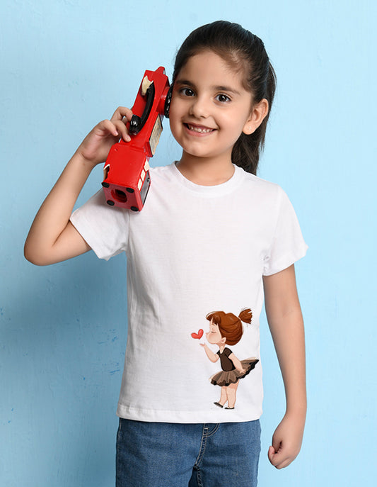 Nusyl Girls White Pretty Girl Printed Half Sleeves T-Shirt