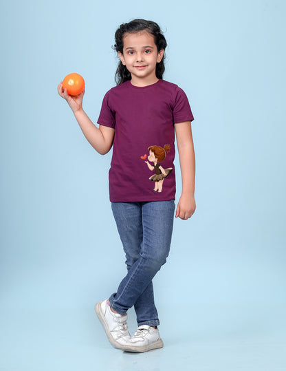 Nusyl Girls Wine Colour Girl Printed T-Shirt