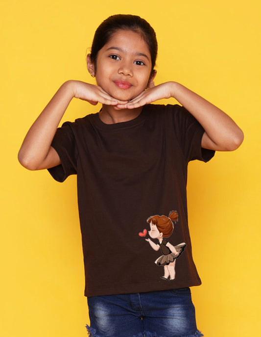 Nusyl Girls Brown Pretty Girl Printed Half Sleeves T-Shirt