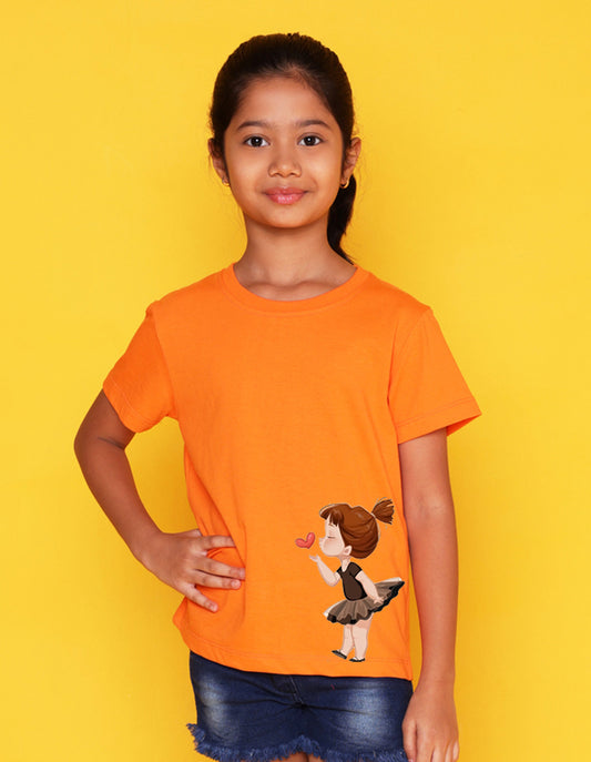 Nusyl Girls Orange Pretty Girl Printed Half Sleeves T-Shirt