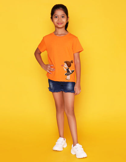 Nusyl Girls Orange Pretty Girl Printed Half Sleeves T-Shirt