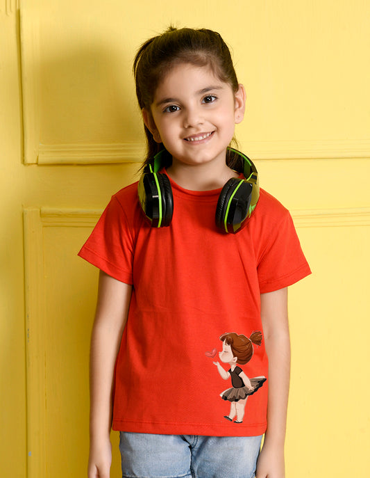 NUSYL Girls Red Cute Girl & Heart Printed Half sleeve t-Shirt