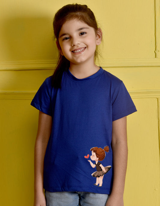 NUSYL Girls Royal Blue Cute Girl & Heart Printed Half sleeve t-Shirt