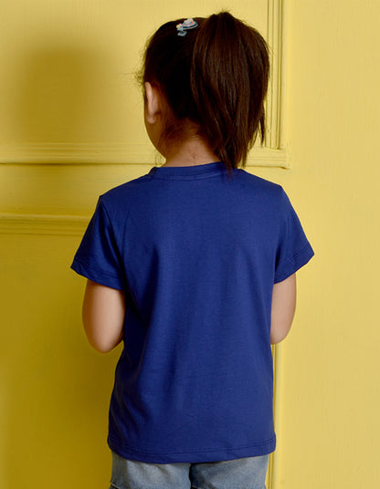 NUSYL Girls Royal Blue Cute Girl & Heart Printed Half sleeve t-Shirt