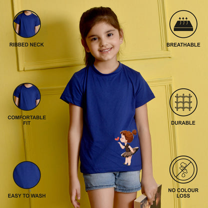 NUSYL Girls Royal Blue Cute Girl & Heart Printed Half sleeve t-Shirt