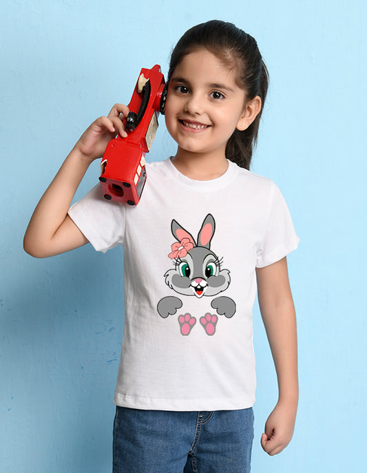 Nusyl Girls White Rabbit Printed Half Sleeves T-Shirt