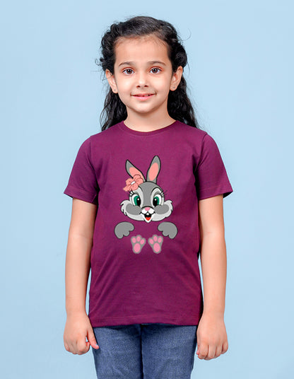 Nusyl Girls Wine Colour Rabbit Printed T-Shirt