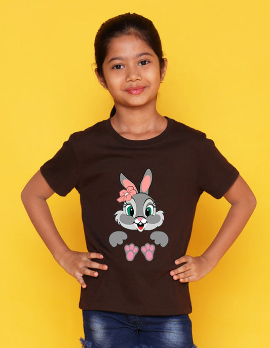 Nusyl Girls Brown Rabbit Printed Half Sleeves T-Shirt