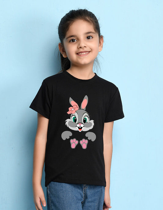 Nusyl Girls Black Rabbit Printed Half Sleeves T-Shirt