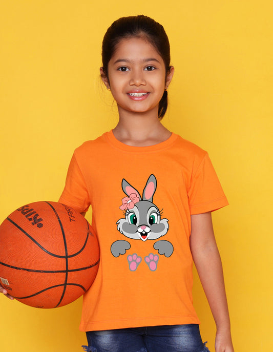 Nusyl Girls Orange Rabbit Printed Half Sleeves T-Shirt