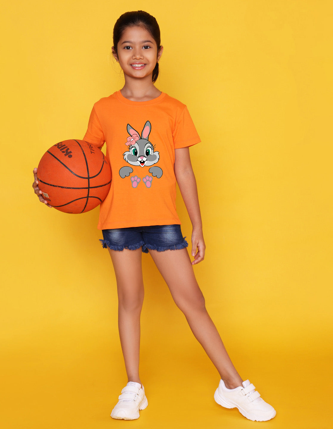 Nusyl Girls Orange Rabbit Printed Half Sleeves T-Shirt