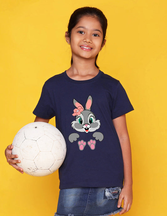 Nusyl Girls Navy Blue Rabbit Printed Half Sleeves T-Shirt