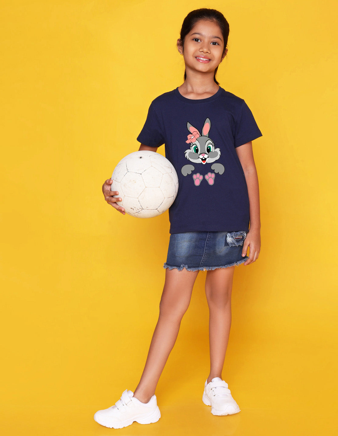 Nusyl Girls Navy Blue Rabbit Printed Half Sleeves T-Shirt