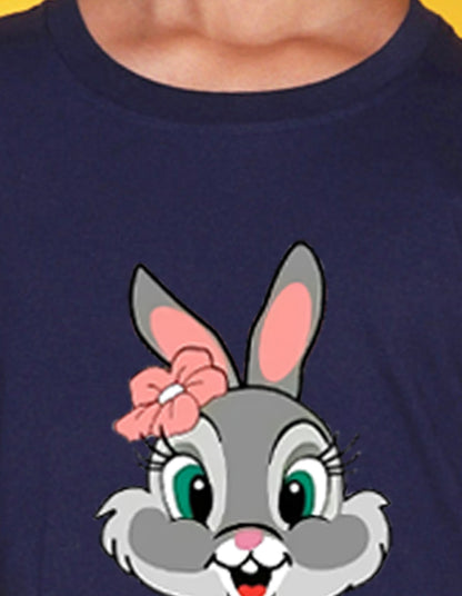 Nusyl Girls Navy Blue Rabbit Printed Half Sleeves T-Shirt
