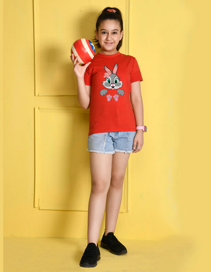 NUSYL Girls Red Rabbit Printed Half sleeve t-Shirt