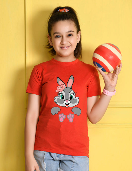 NUSYL Girls Red Rabbit Printed Half sleeve t-Shirt