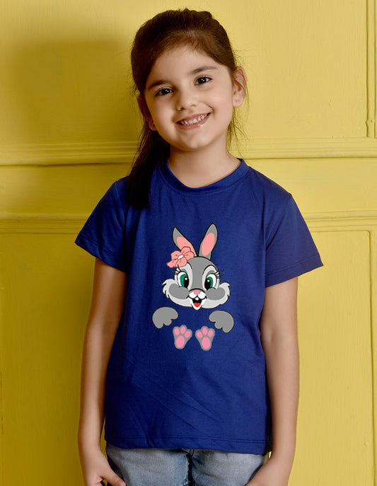 NUSYL Girls Royal Blue Rabbit Printed Half sleeve t-Shirt