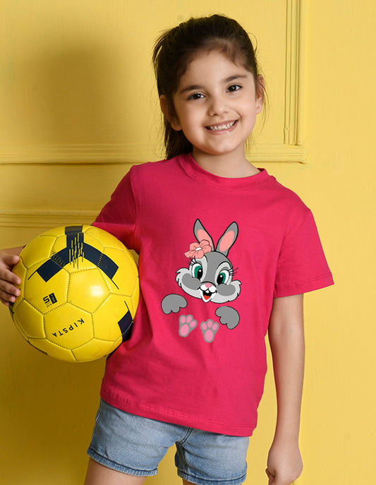 Nusyl Girls Hot Pink Rabbit Printed Half Sleeves T-Shirt