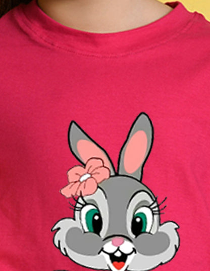 Nusyl Girls Hot Pink Rabbit Printed Half Sleeves T-Shirt