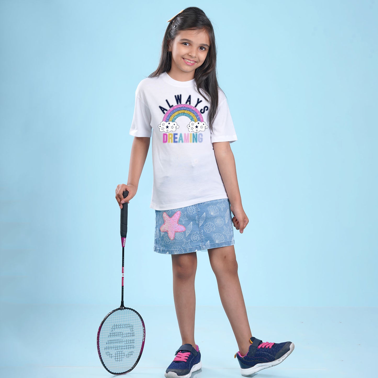 Nusyl Girls White Printed Oversized T-shirt