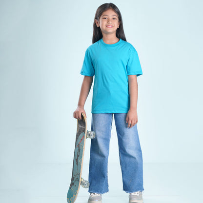Nusyl Girls Sky Blue Printed Oversized T-shirt