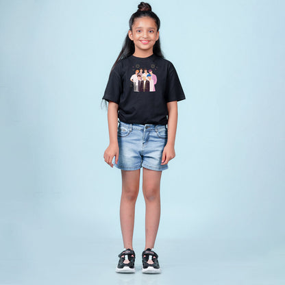 Nusyl Girls Black Printed Oversized T-shirt