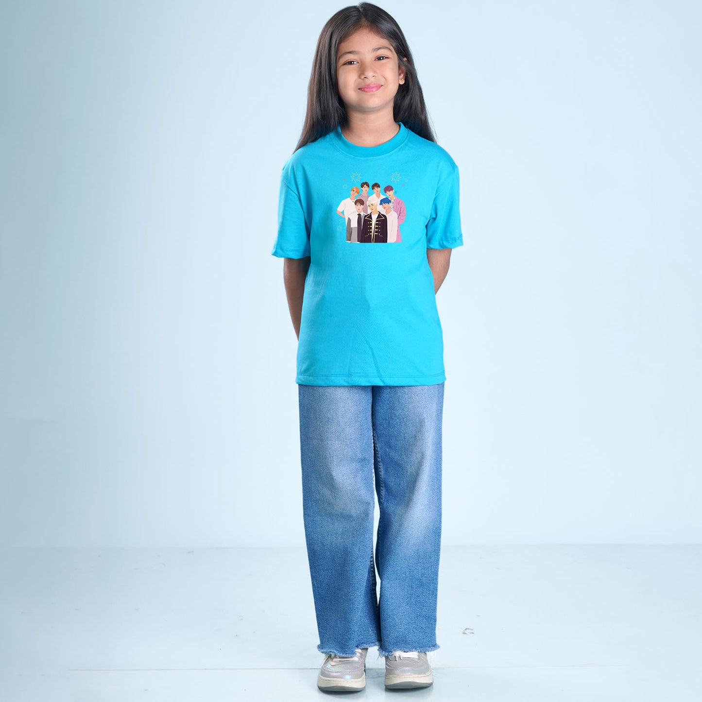Nusyl Girls Sky Blue Printed Oversized T-shirt