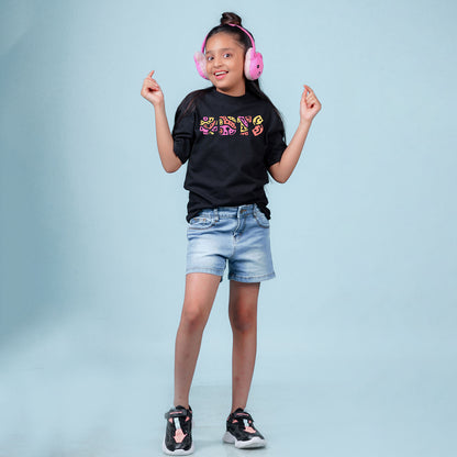 Nusyl Girls Black Printed Oversized T-shirt