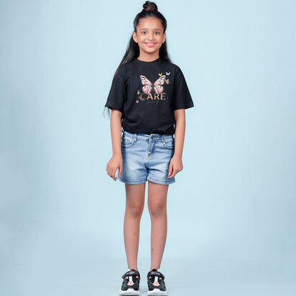 Nusyl Girls Black Printed Oversized T-shirt