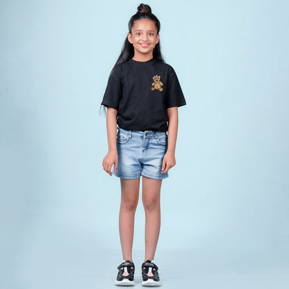 Nusyl Girls Black Printed Oversized T-shirt