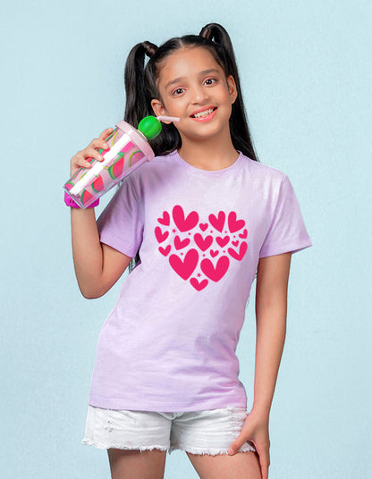Nusyl Girls Lilac Heart Printed Has a Round Neck Short sleeve T-Shirts